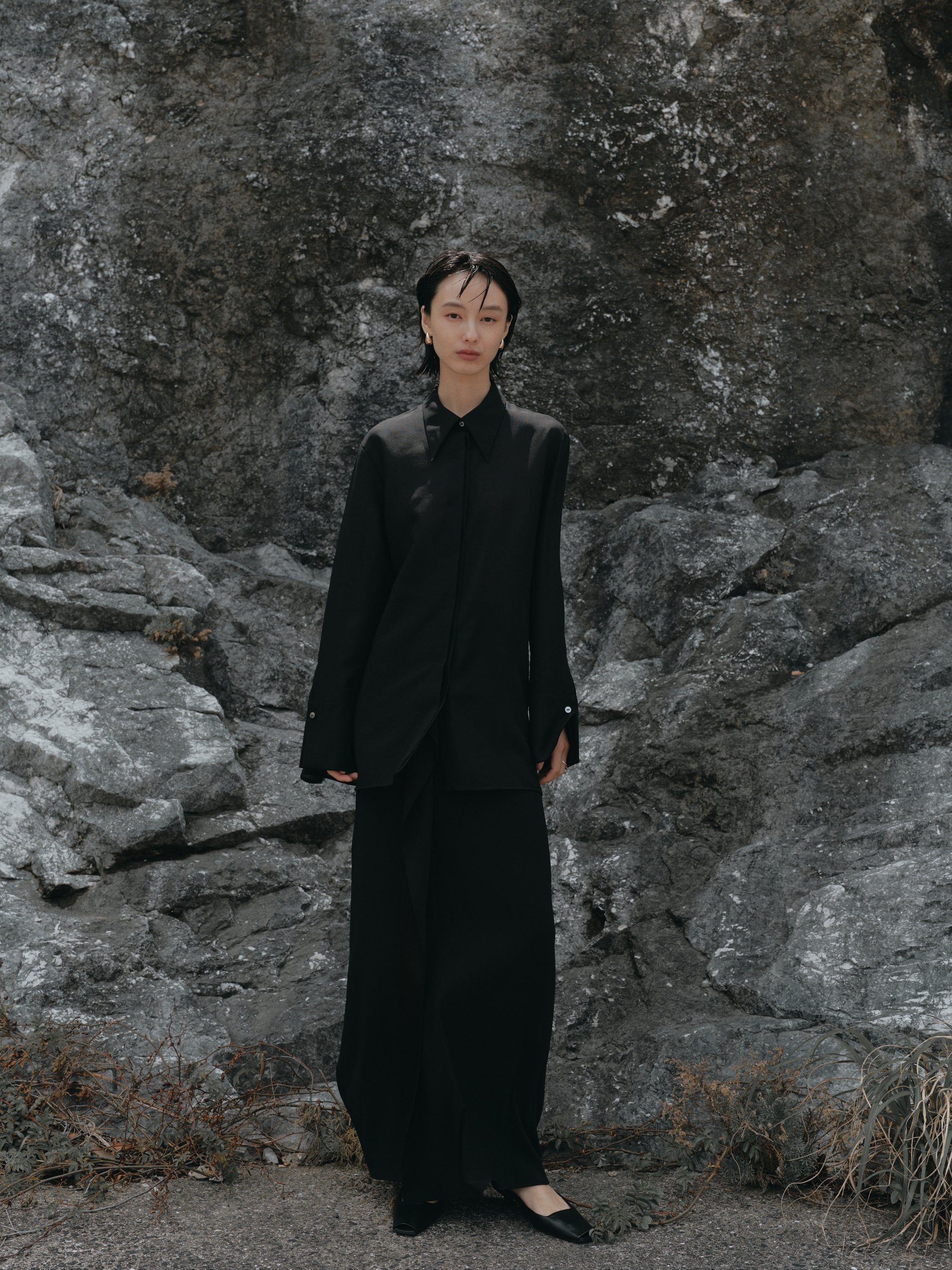 Triacetate Wool Sheer Voile Shirt(Black)