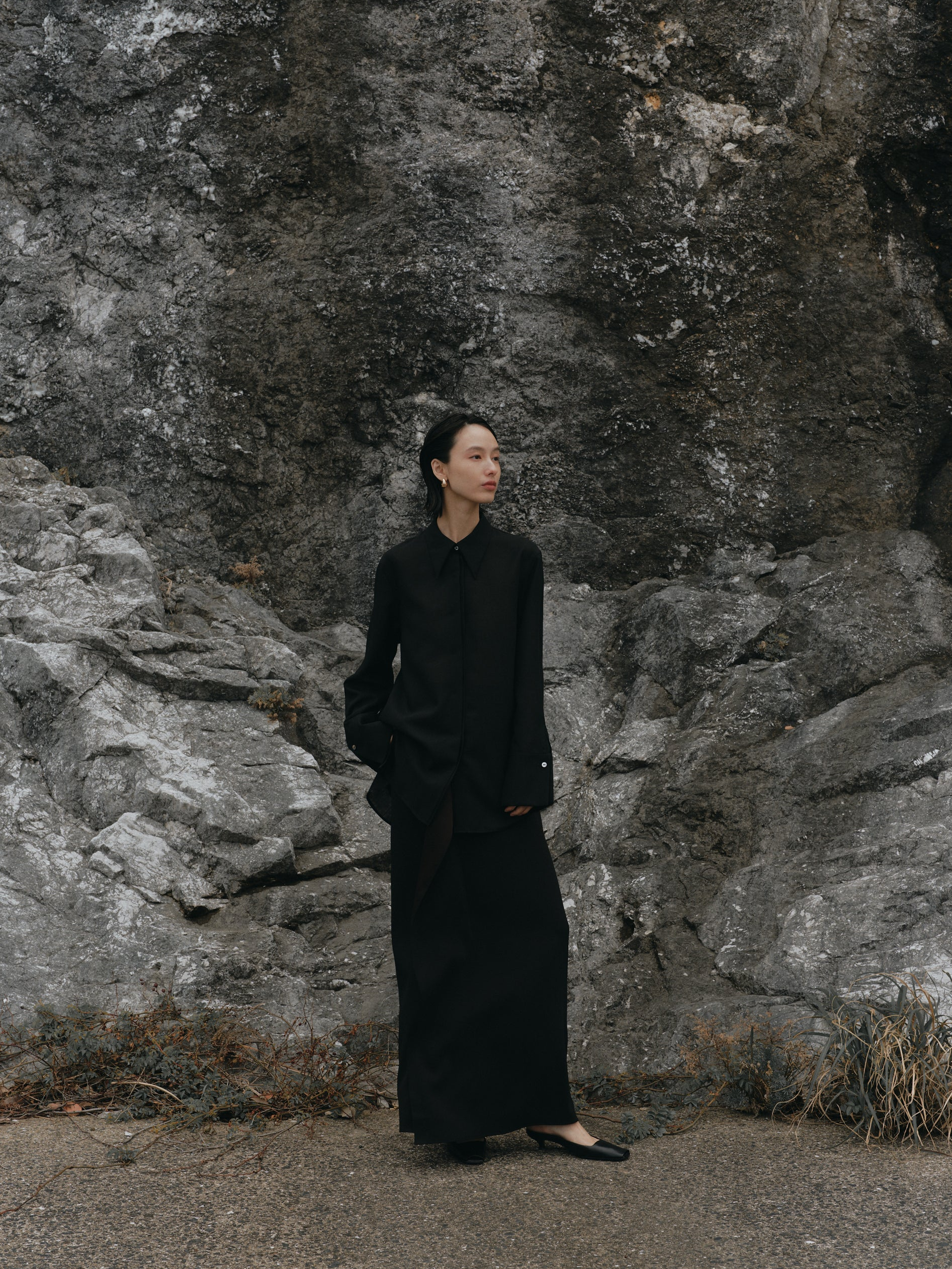 Triacetate Wool Sheer Voile Shirt(Black)