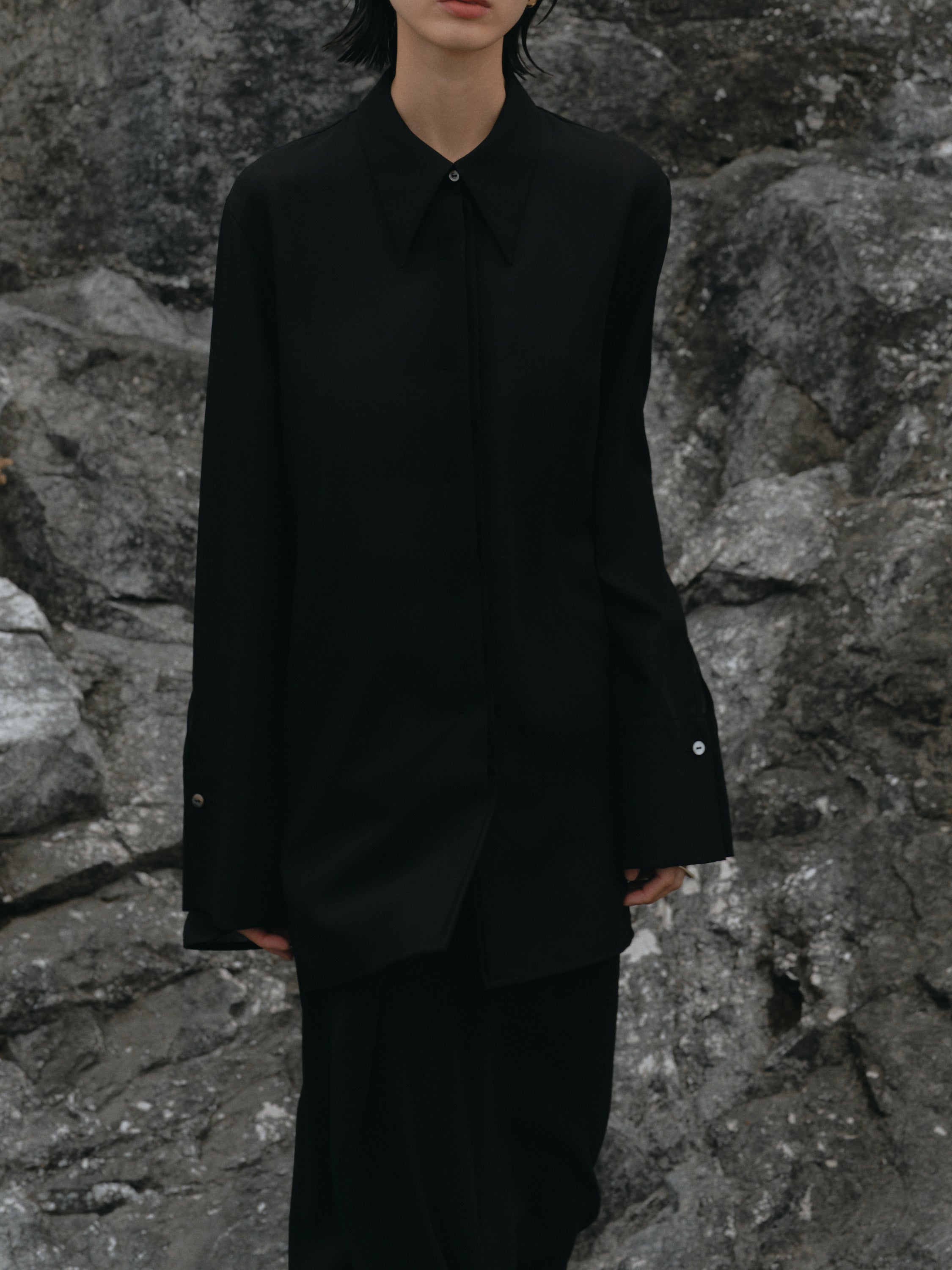 Triacetate Wool Sheer Voile Shirt(Black)