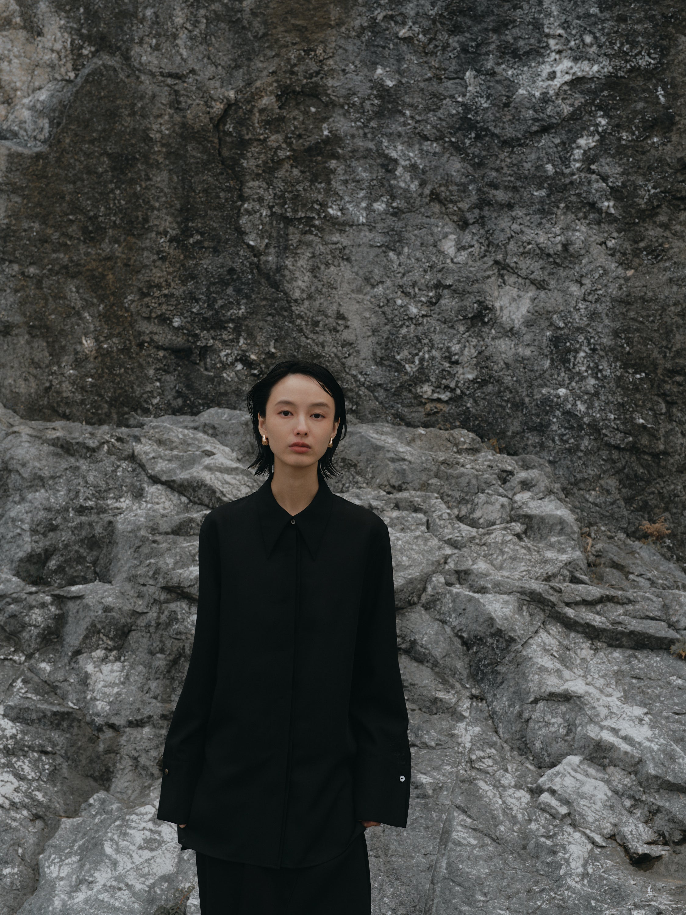Triacetate Wool Sheer Voile Shirt(Black)