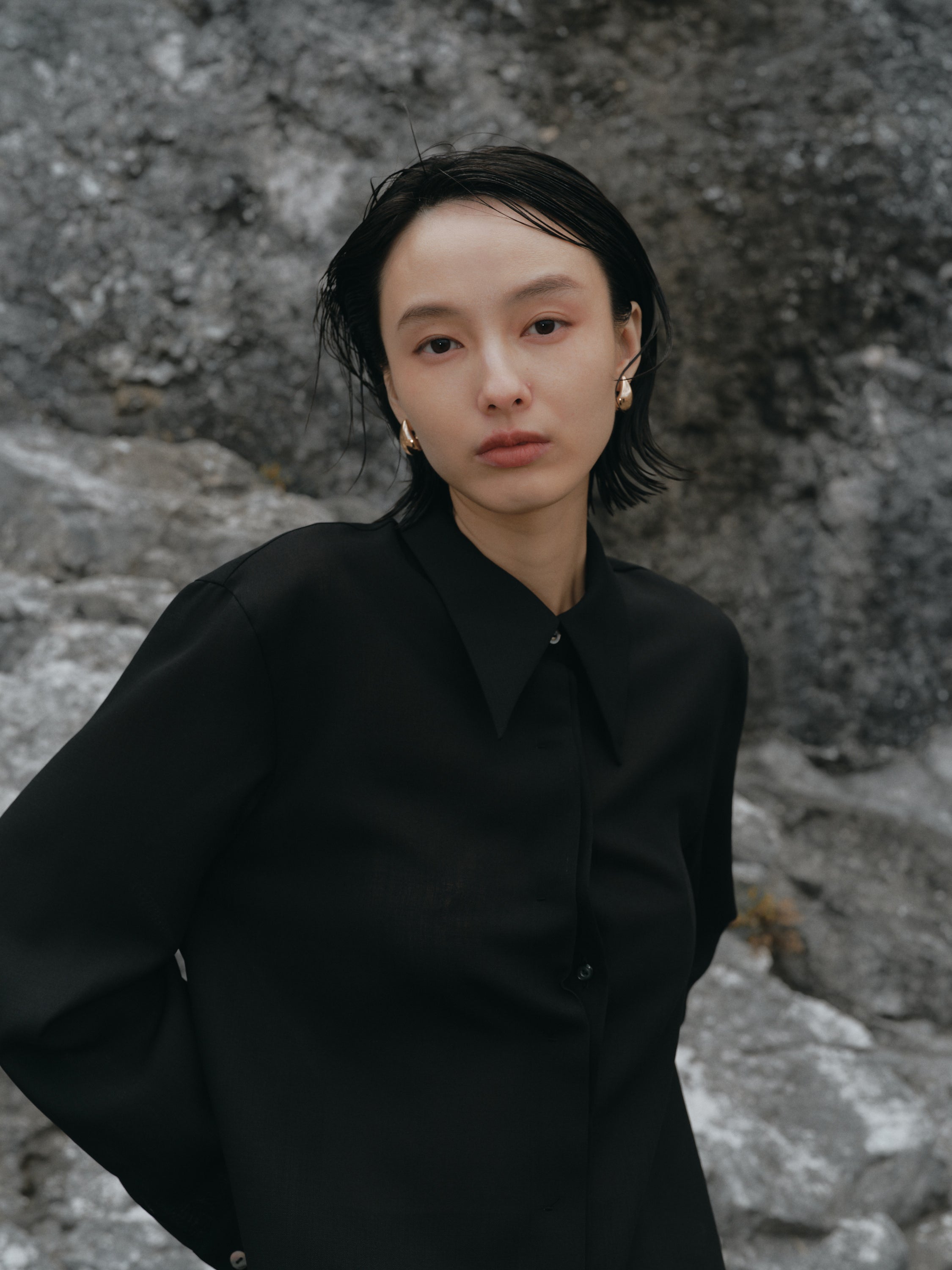 Triacetate Wool Sheer Voile Shirt(Black)