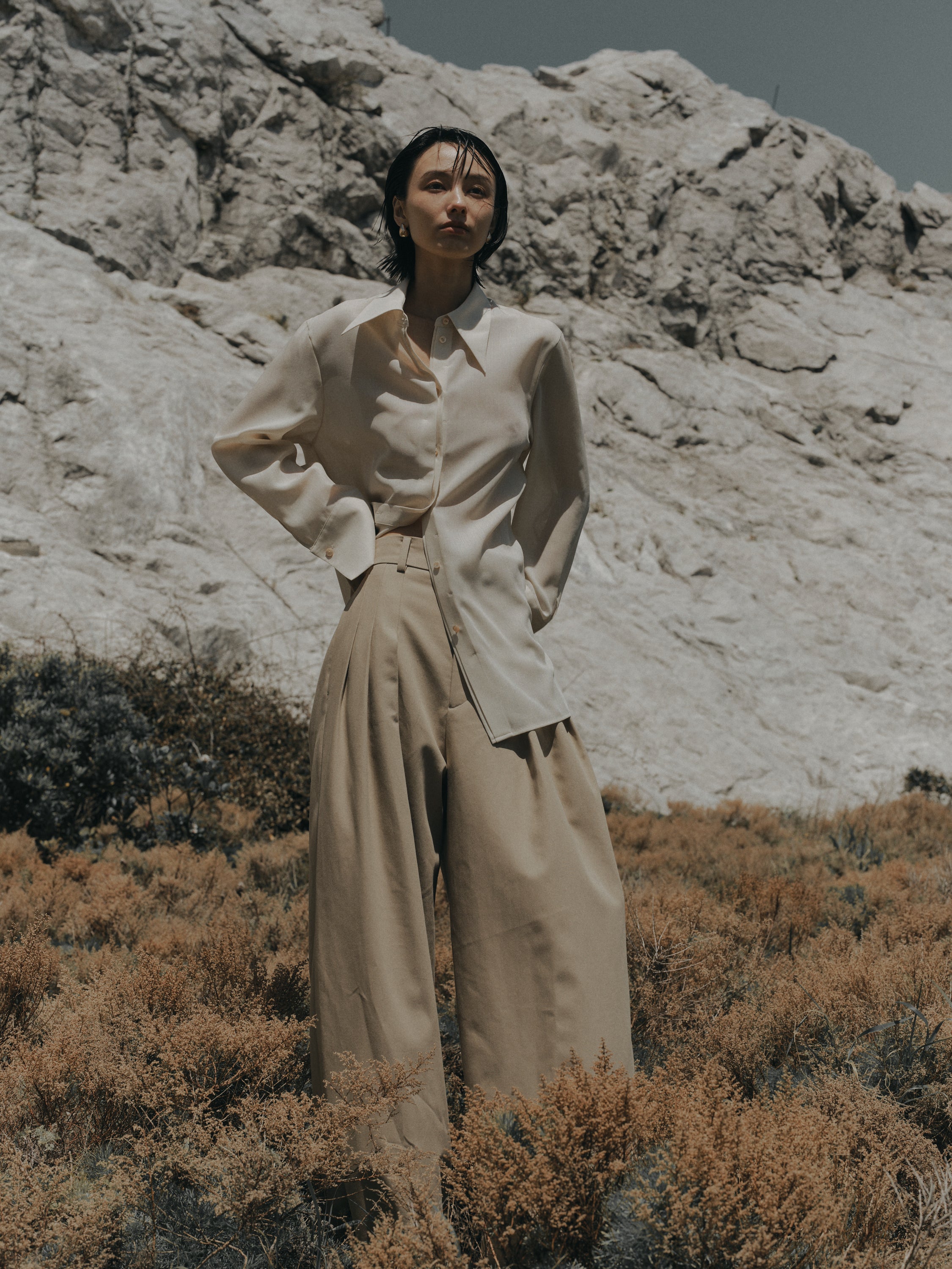 Cotton Three Tuck Wide Pants(Parchment Beige)