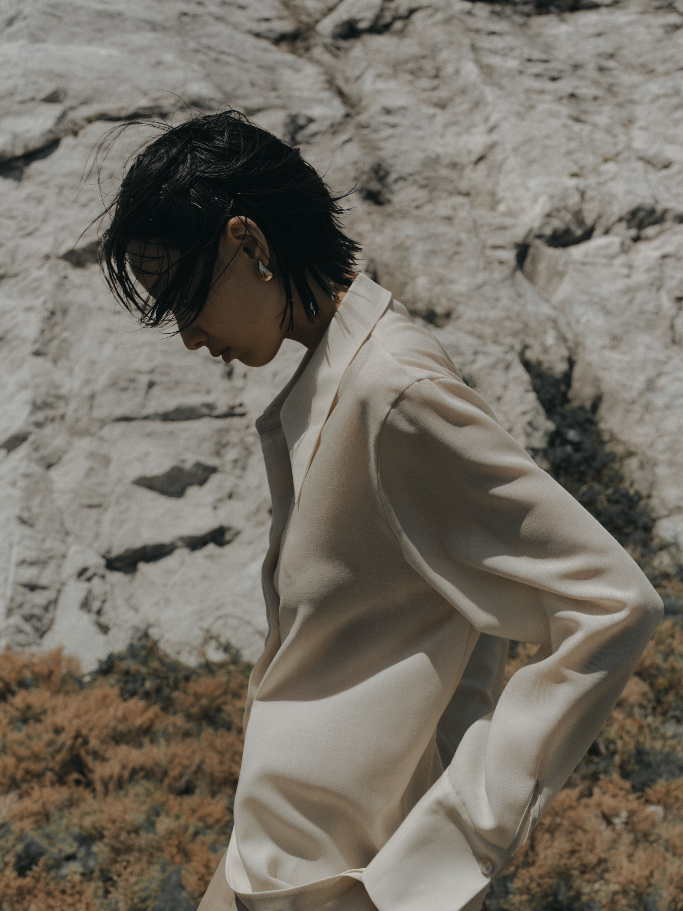 Triacetate Wool Sheer Voile Shirt(Grayish Ivory)