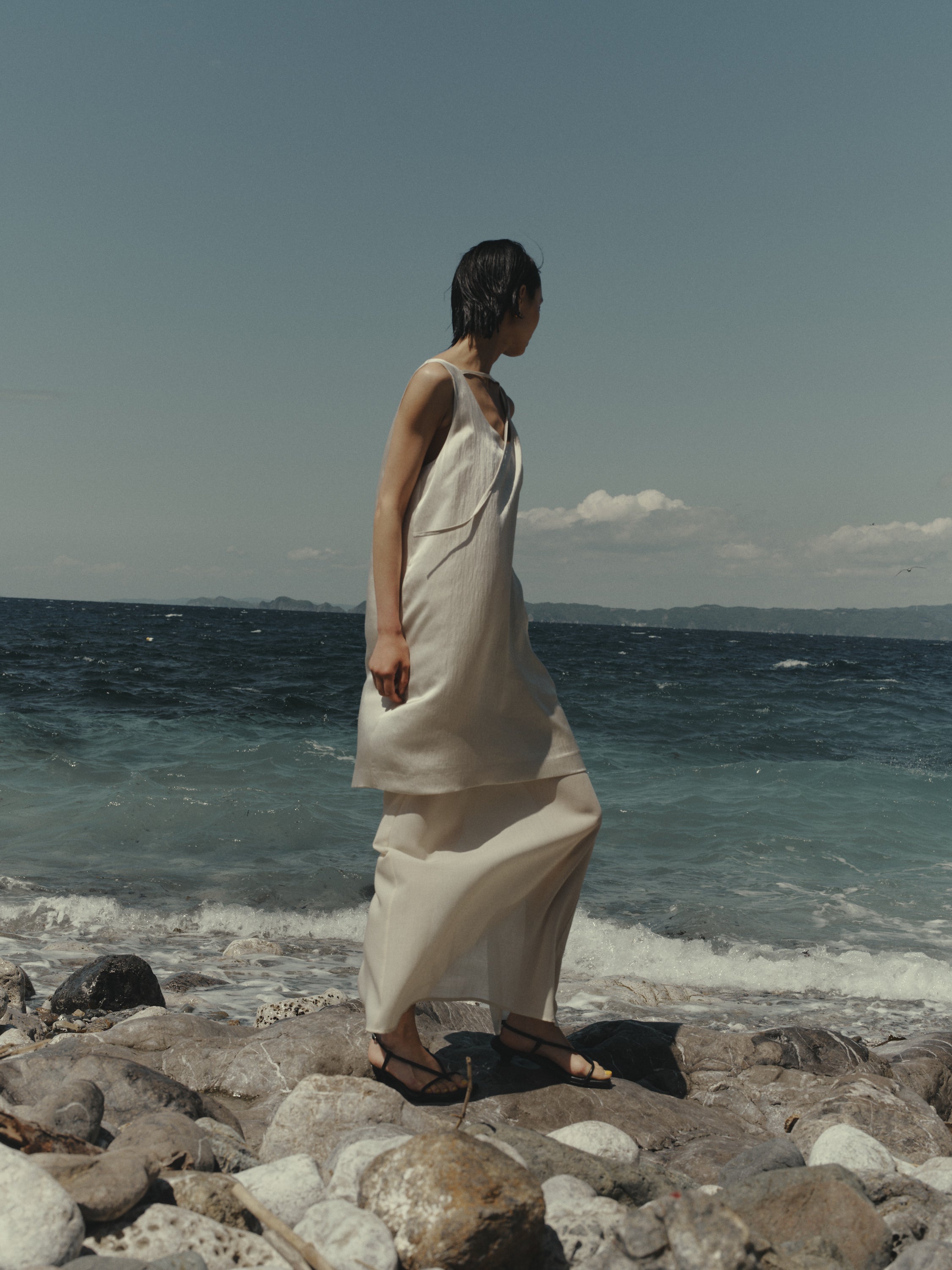 Triacetate Wool Hem Sheer Dress(Grayish Ivory)