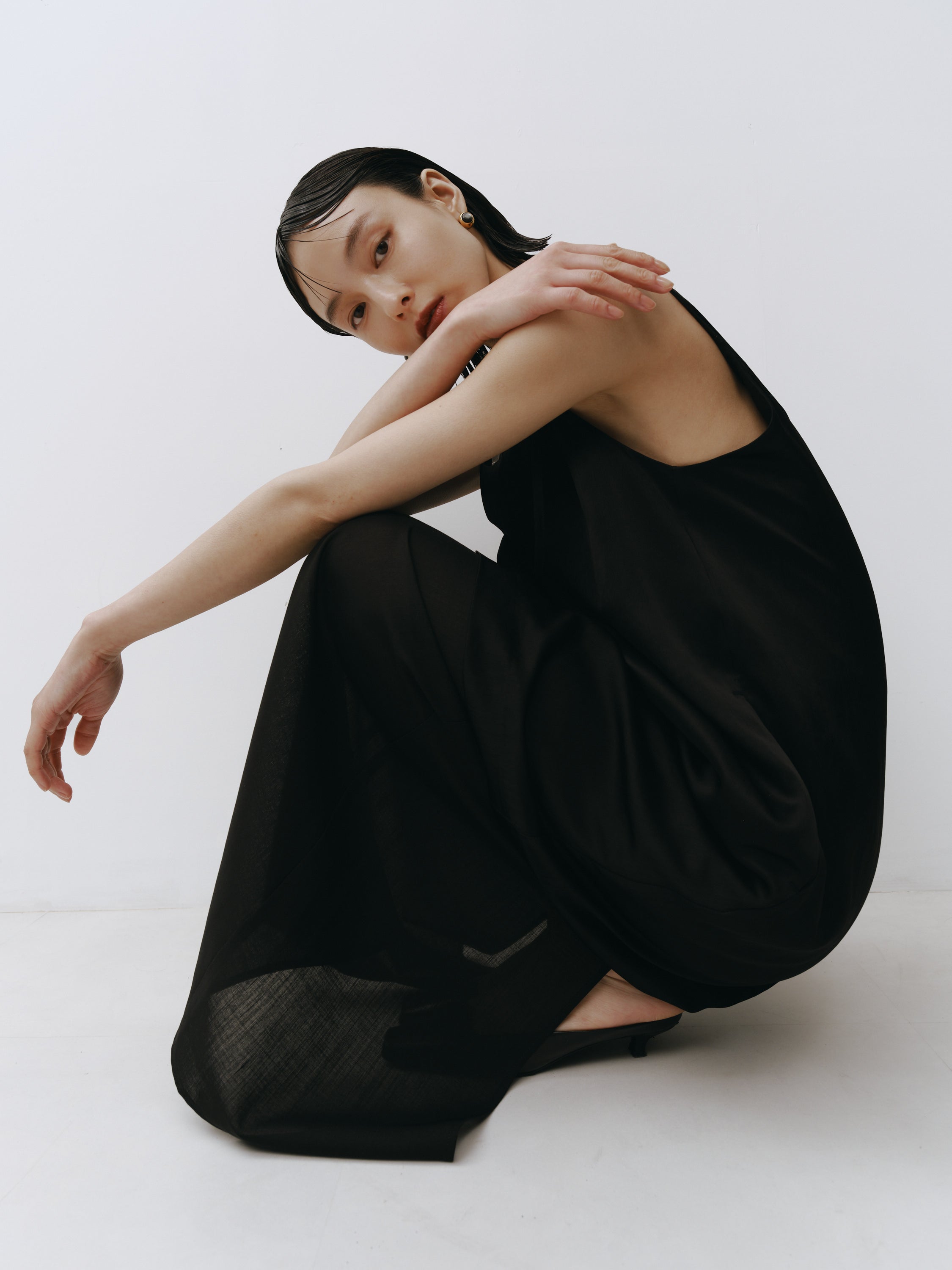 Triacetate Wool Hem Sheer Dress (Black)