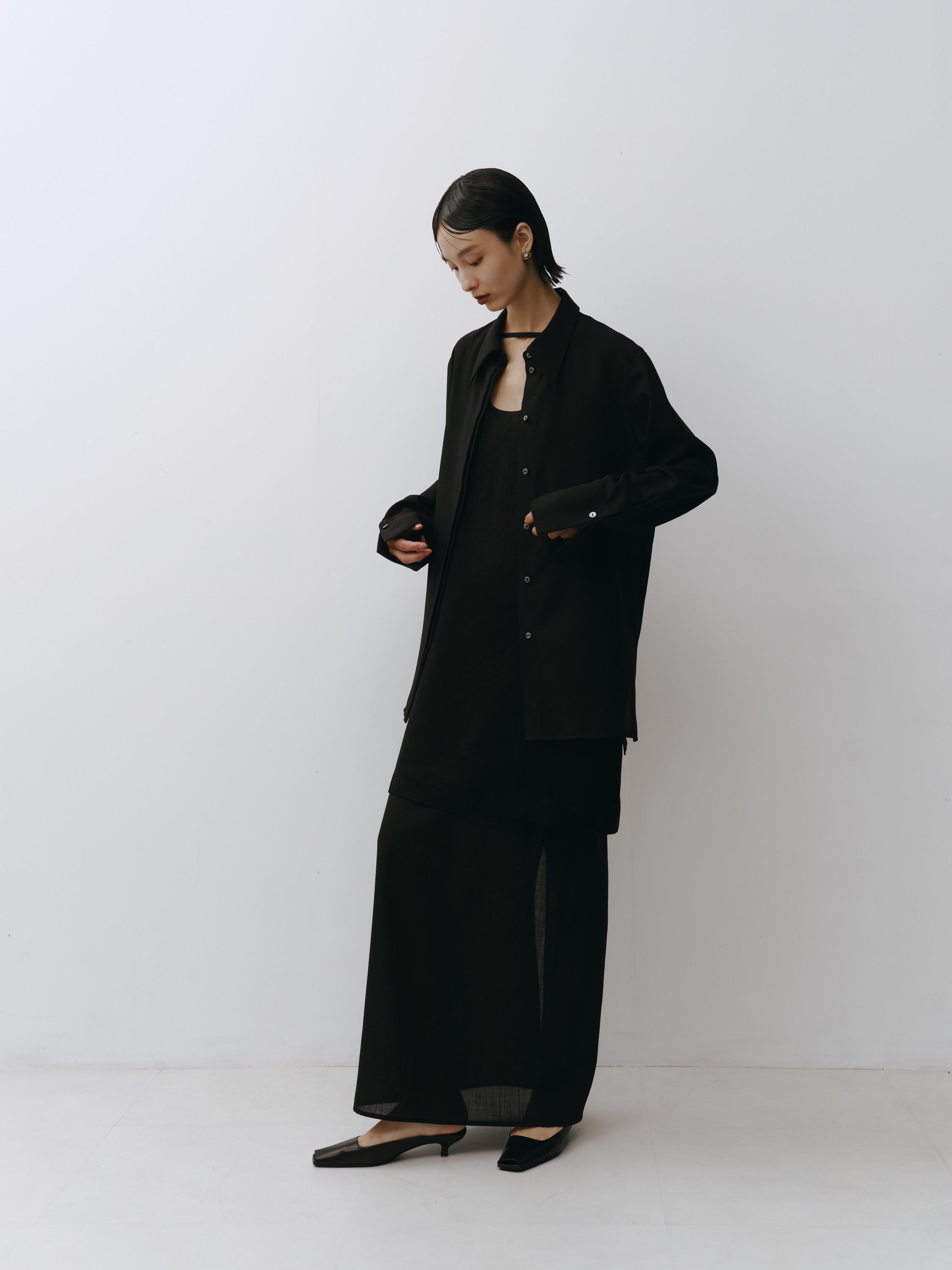 Triacetate Wool Hem Sheer Dress (Black)
