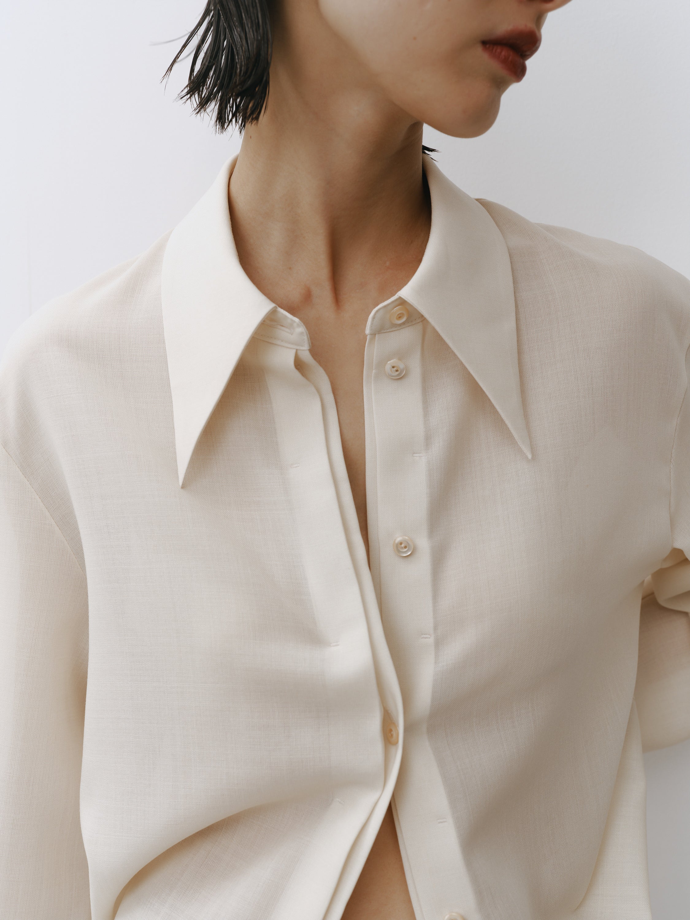 Triacetate Wool Sheer Voile Shirt(Grayish Ivory)