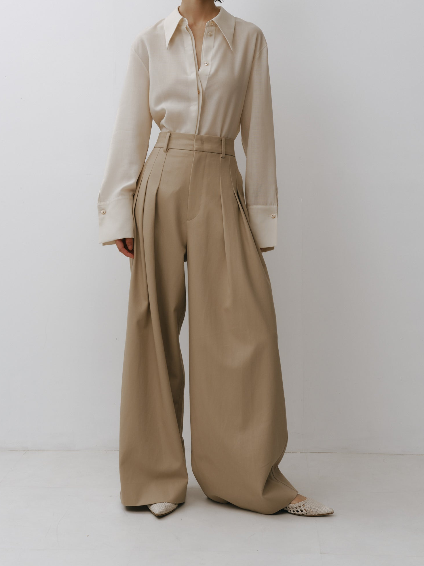 Cotton Three Tuck Wide Pants(Parchment Beige)