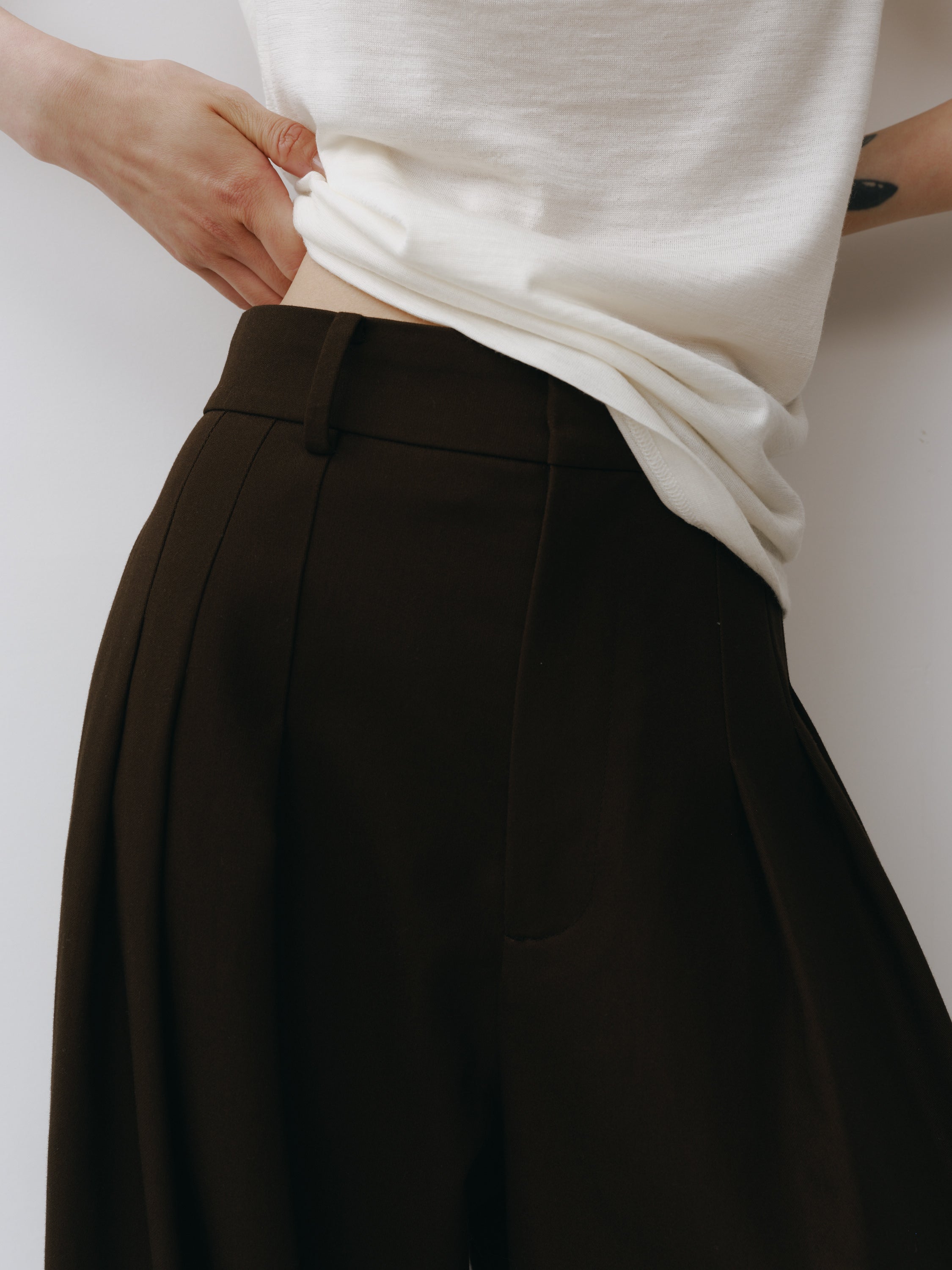 Cotton Three Tuck Wide Pants(Ink Brown)
