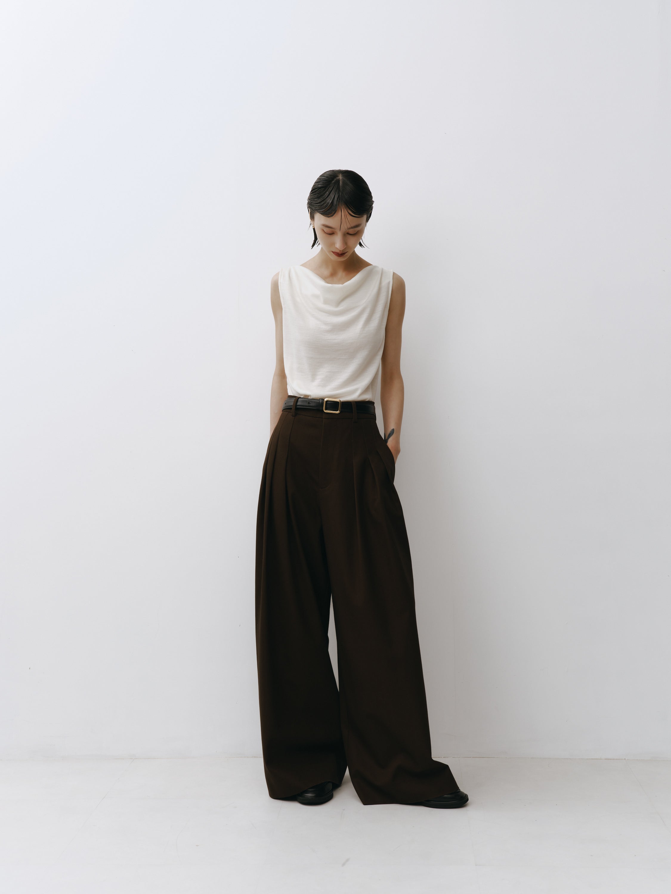 Cotton Three Tuck Wide Pants(Ink Brown)