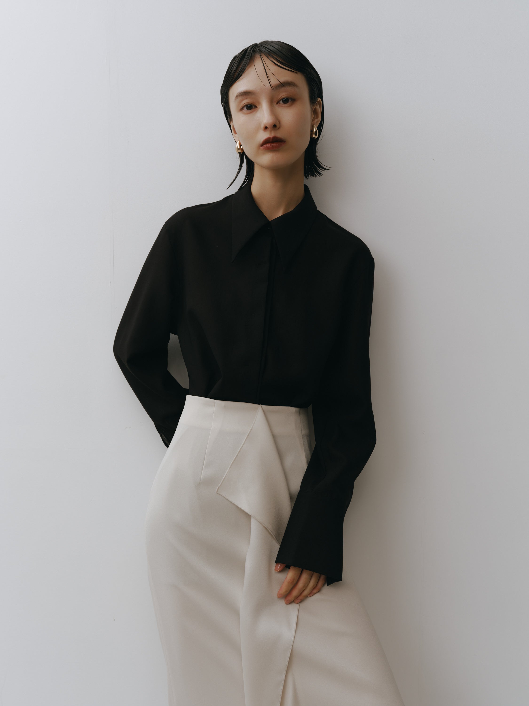 Triacetate Wool Sheer Voile Shirt(Black)
