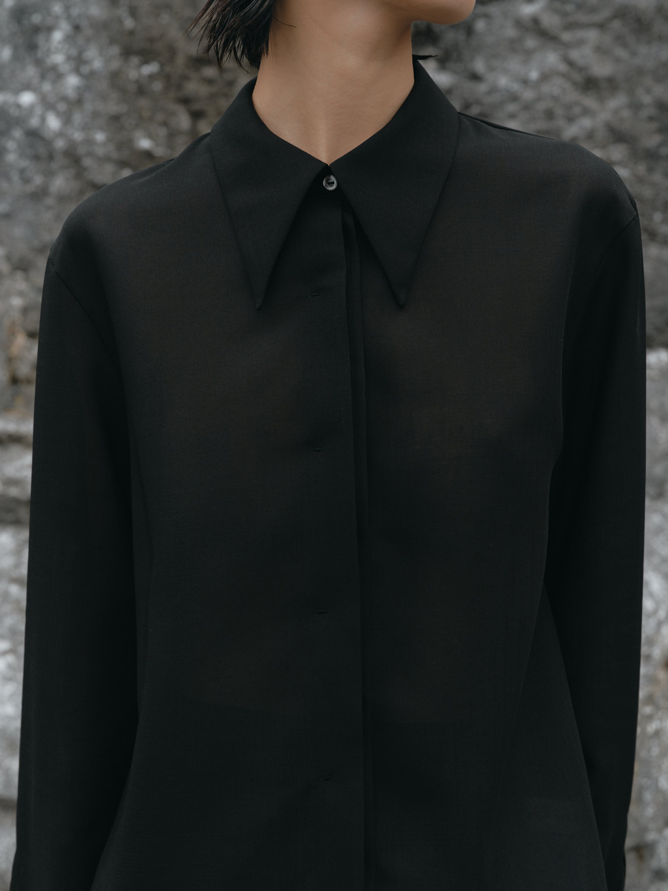 Triacetate Wool Sheer Voile Shirt(Black)