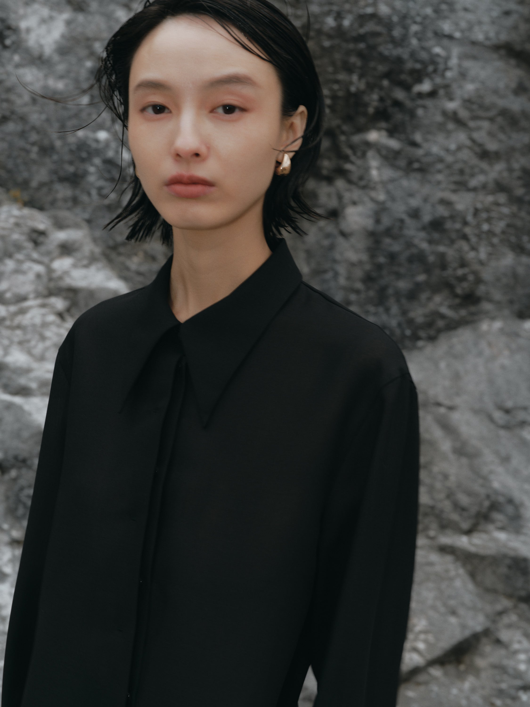 Triacetate Wool Sheer Voile Shirt(Black)