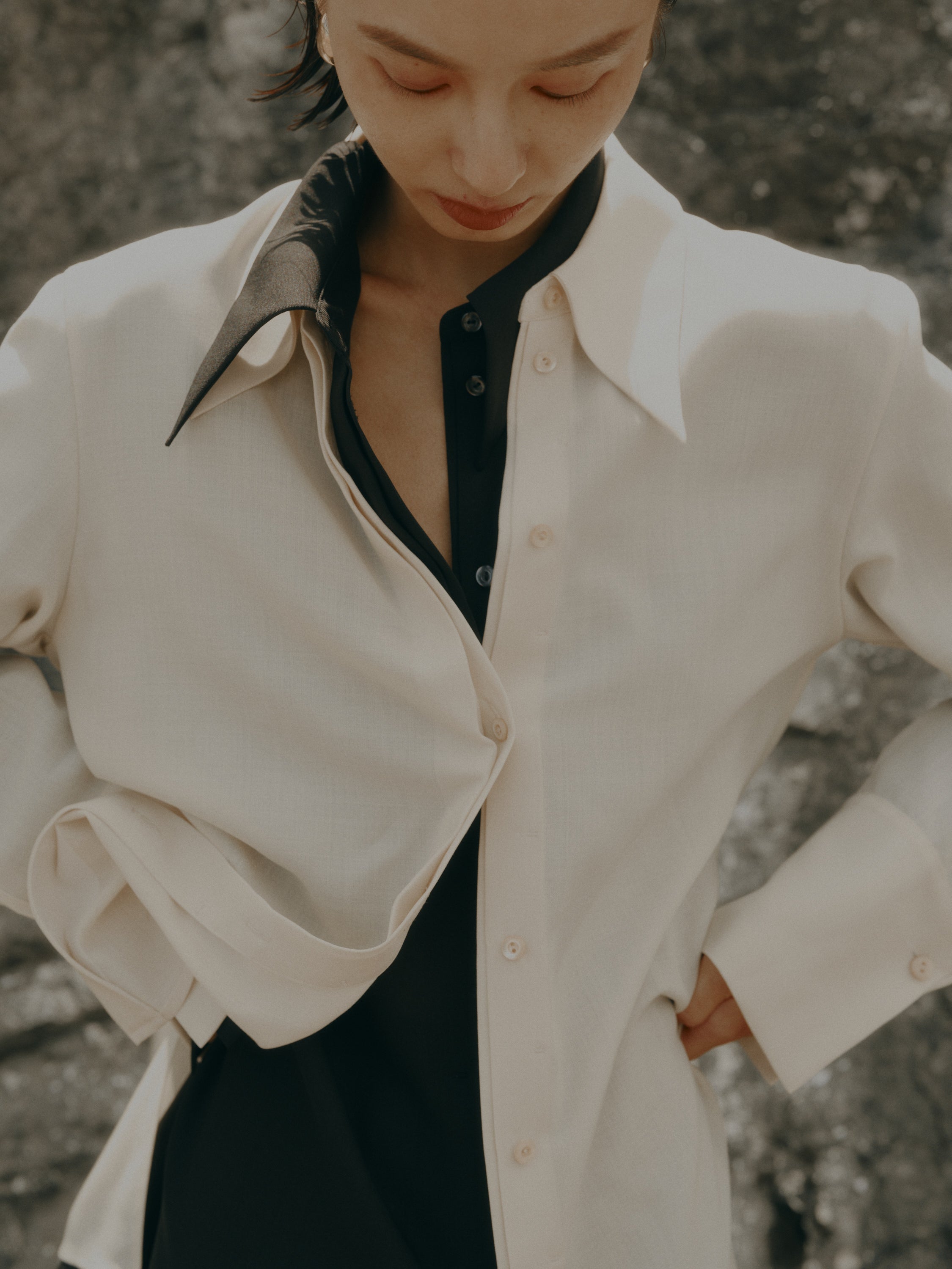 Triacetate Wool Sheer Voile Shirt(Grayish Ivory)