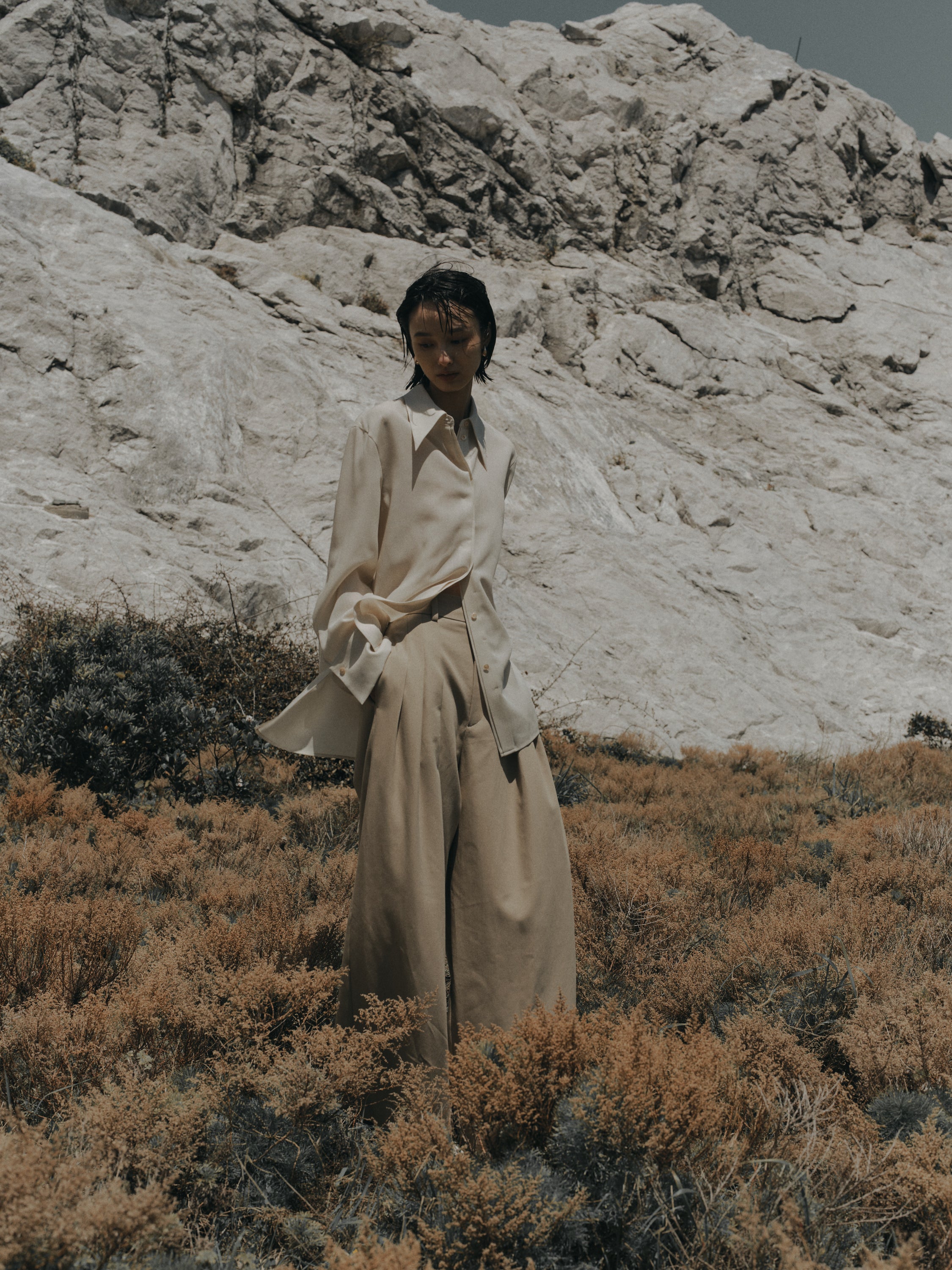 Triacetate Wool Sheer Voile Shirt(Grayish Ivory)