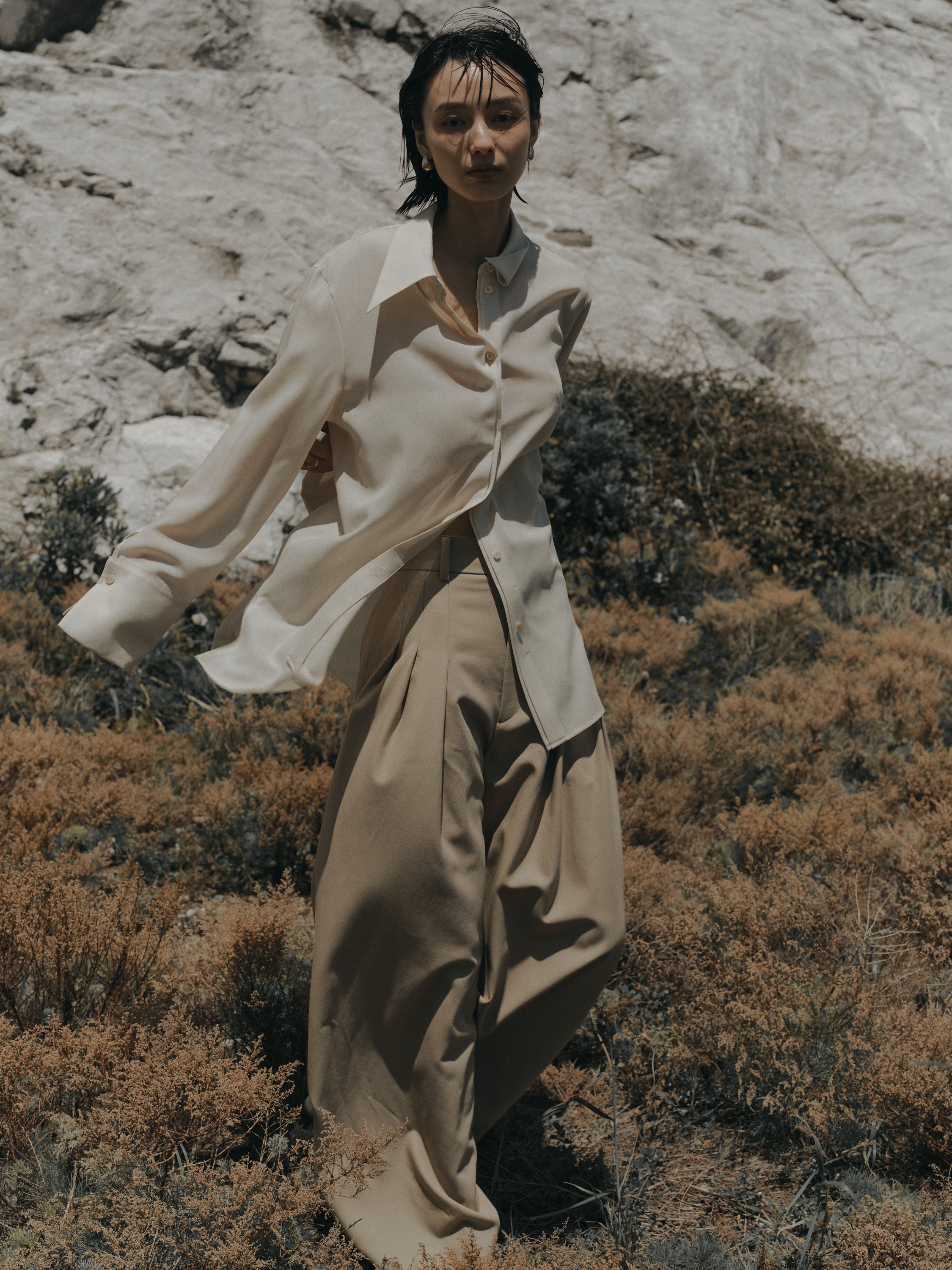 Triacetate Wool Sheer Voile Shirt(Grayish Ivory)