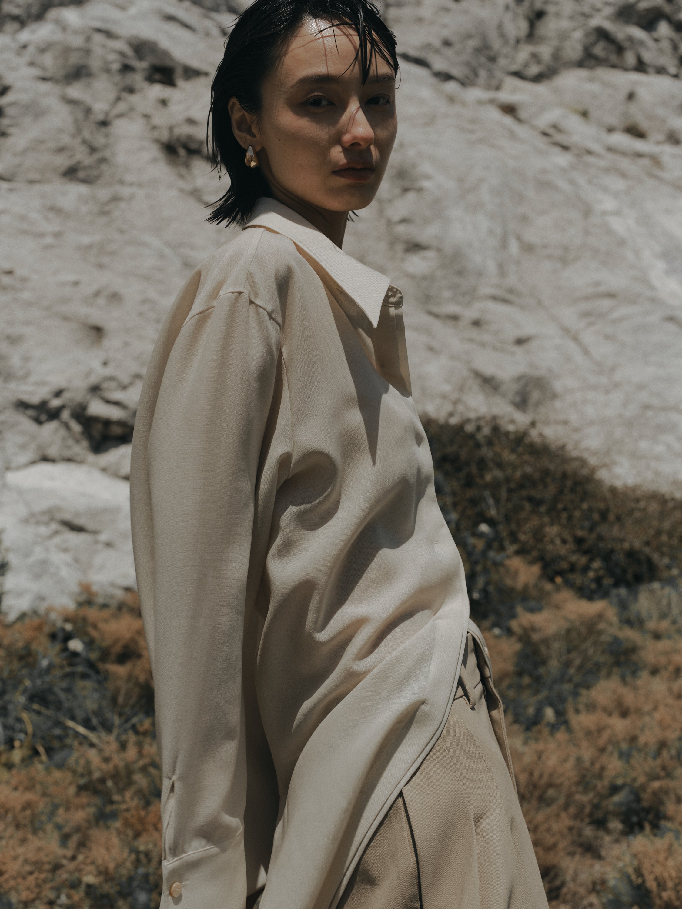 Triacetate Wool Sheer Voile Shirt(Grayish Ivory)