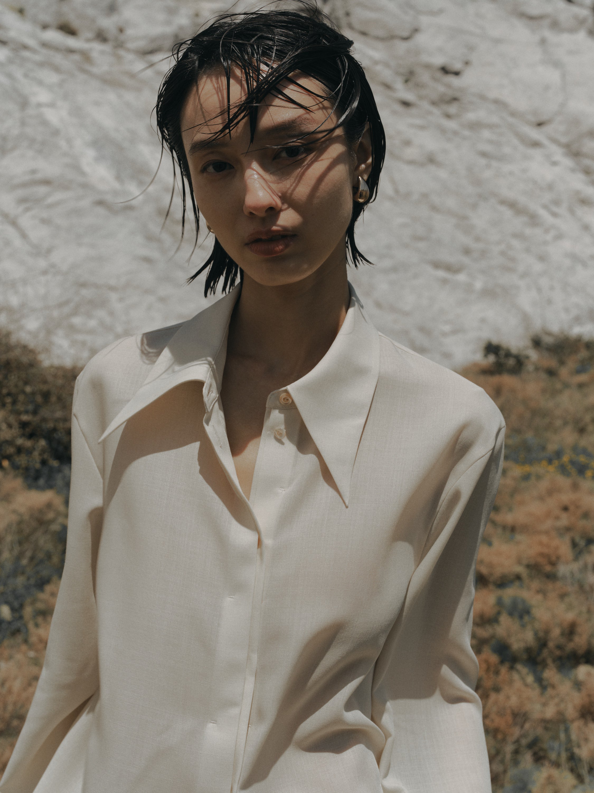 Triacetate Wool Sheer Voile Shirt(Grayish Ivory)