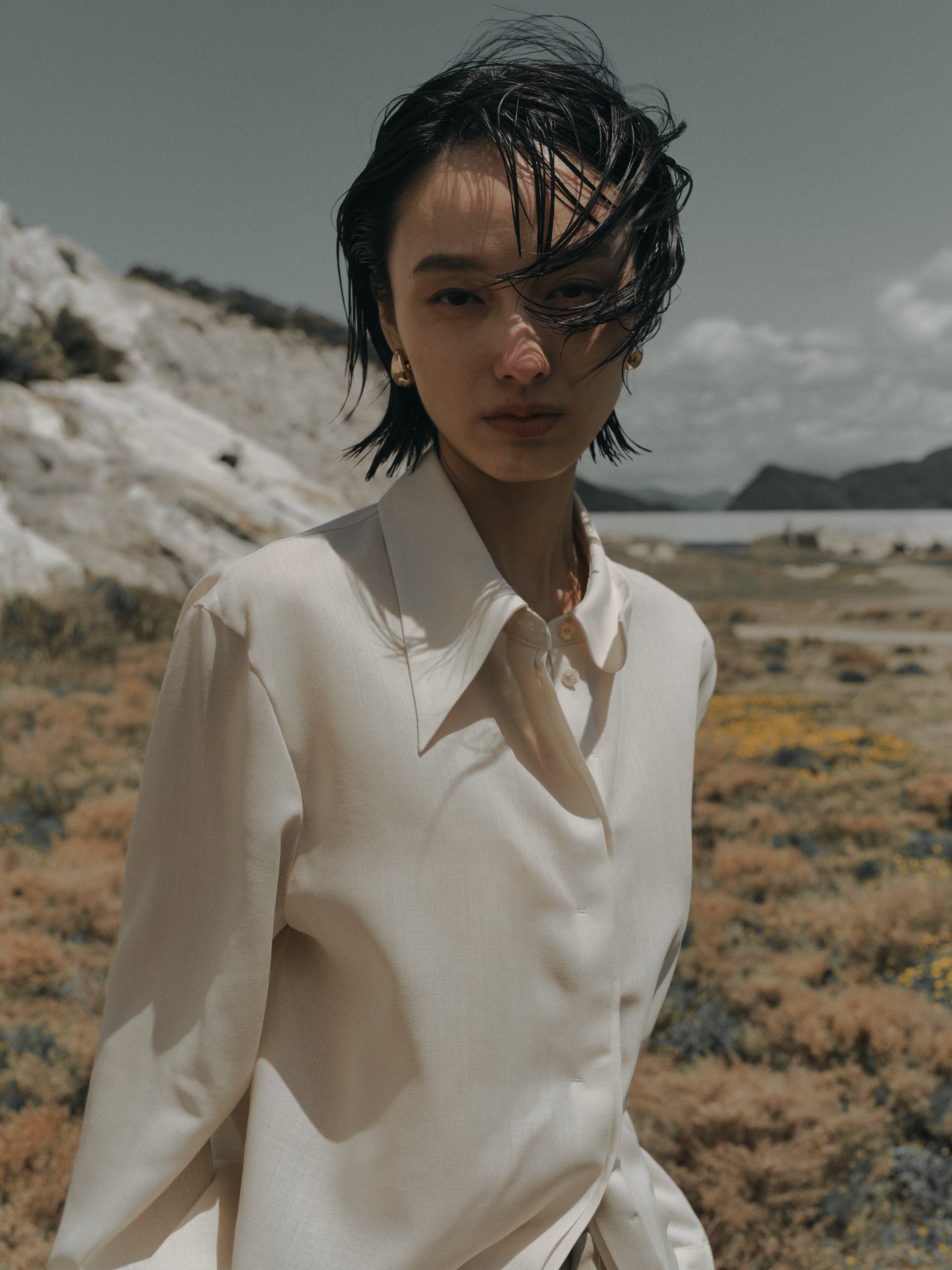 Triacetate Wool Sheer Voile Shirt(Grayish Ivory)