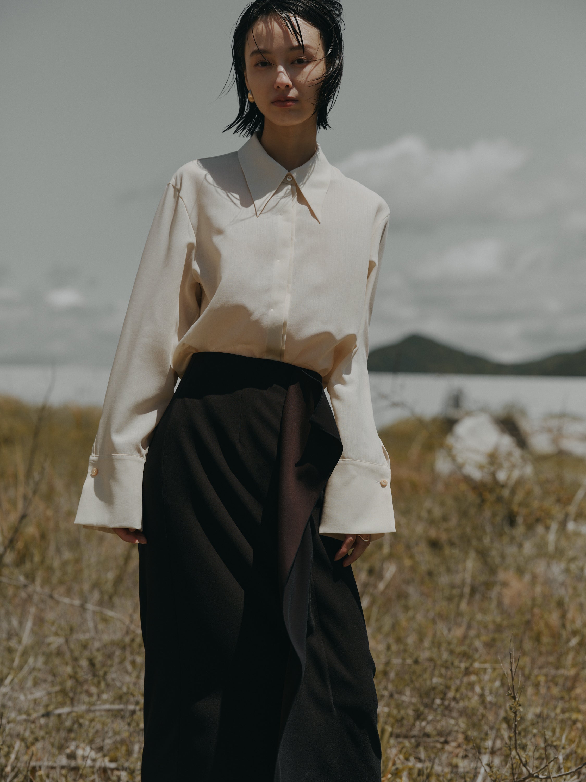 Triacetate Wool Sheer Voile Shirt(Grayish Ivory)