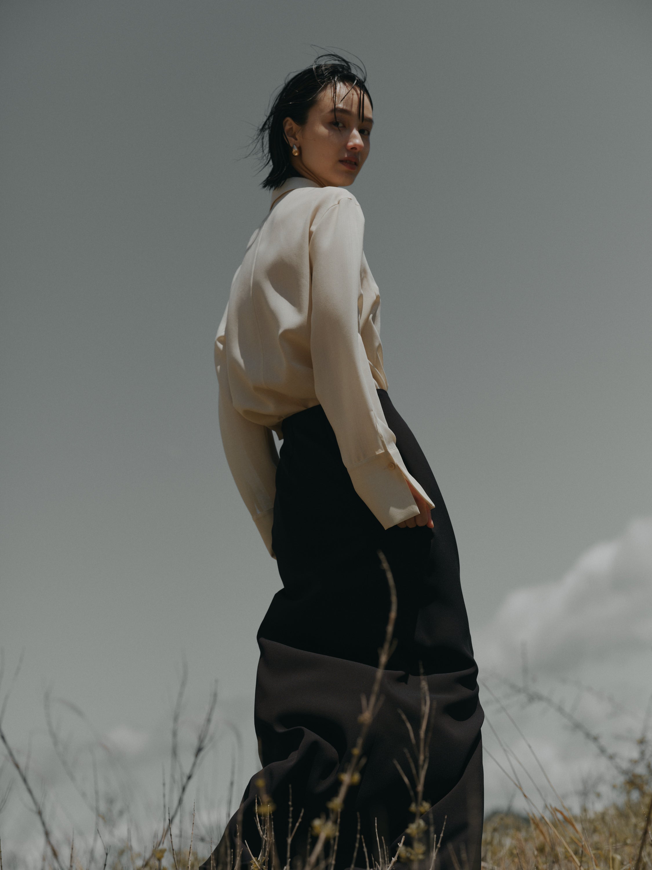 Triacetate Wool Sheer Voile Shirt(Grayish Ivory)