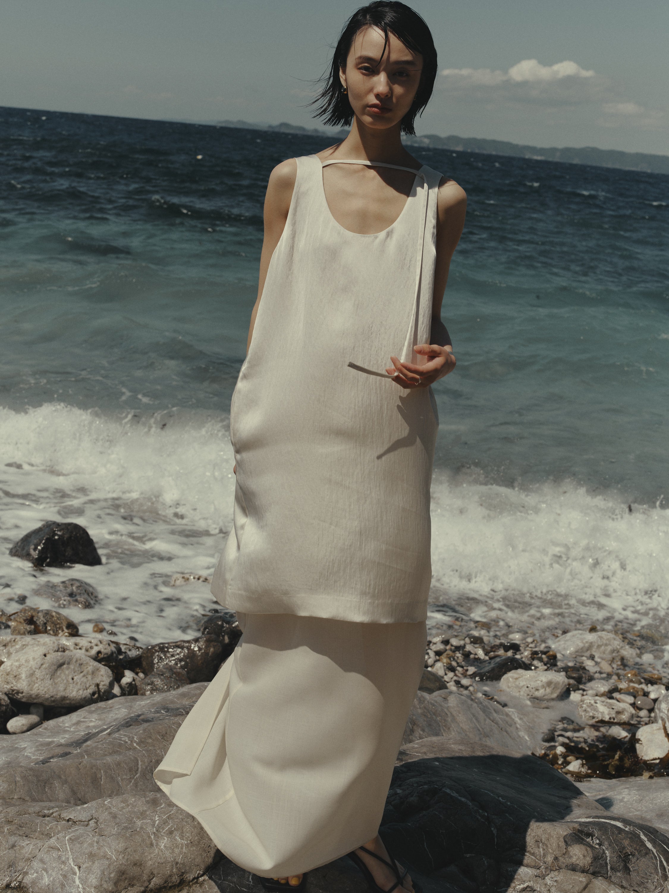 Triacetate Wool Hem Sheer Dress(Grayish Ivory)