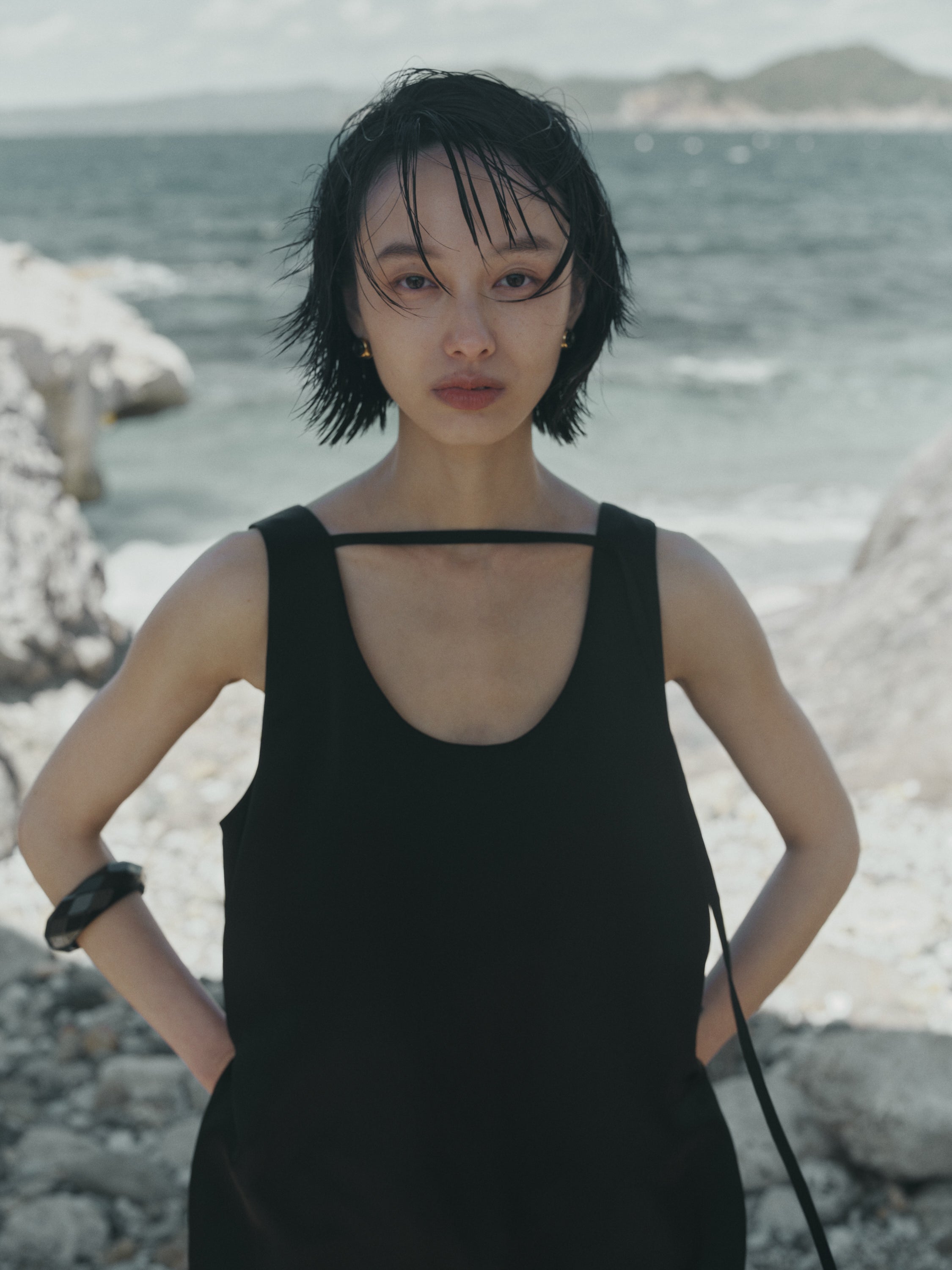 Triacetate Wool Hem Sheer Dress (Black)
