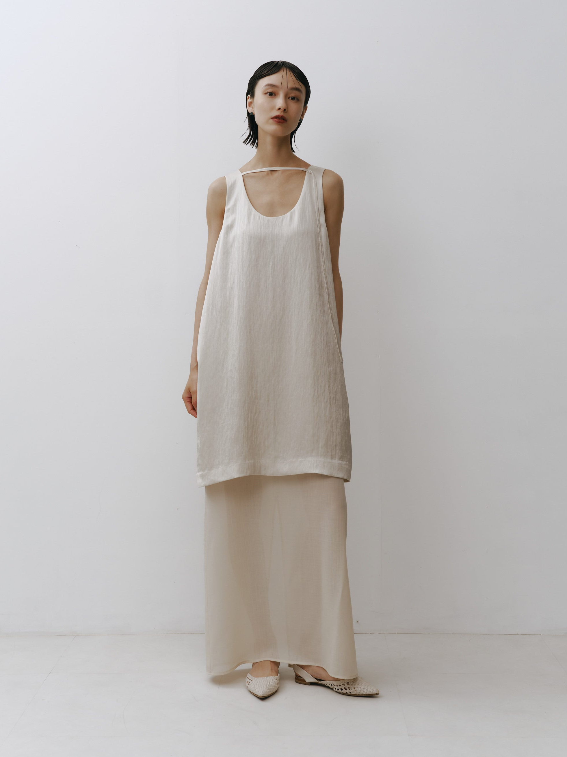 Triacetate Wool Hem Sheer Dress(Grayish Ivory)
