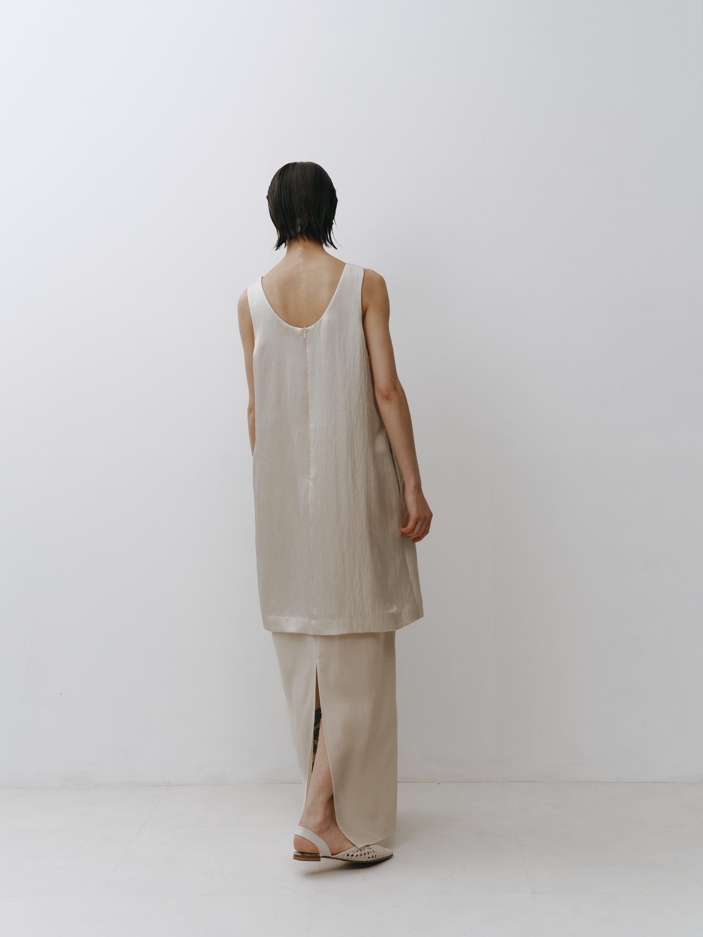 Triacetate Wool Hem Sheer Dress(Grayish Ivory)