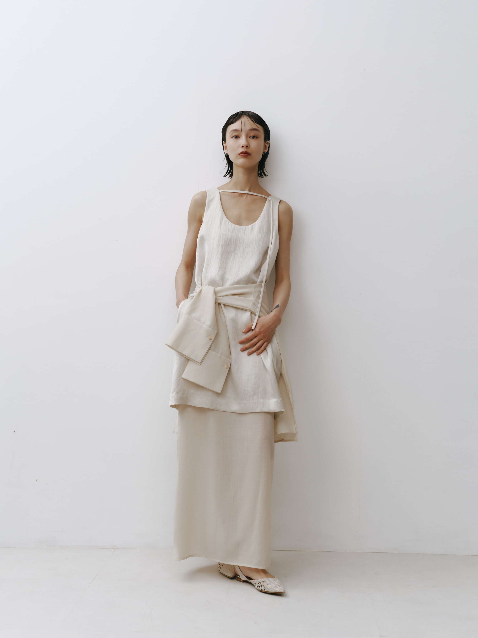 Triacetate Wool Hem Sheer Dress(Grayish Ivory)