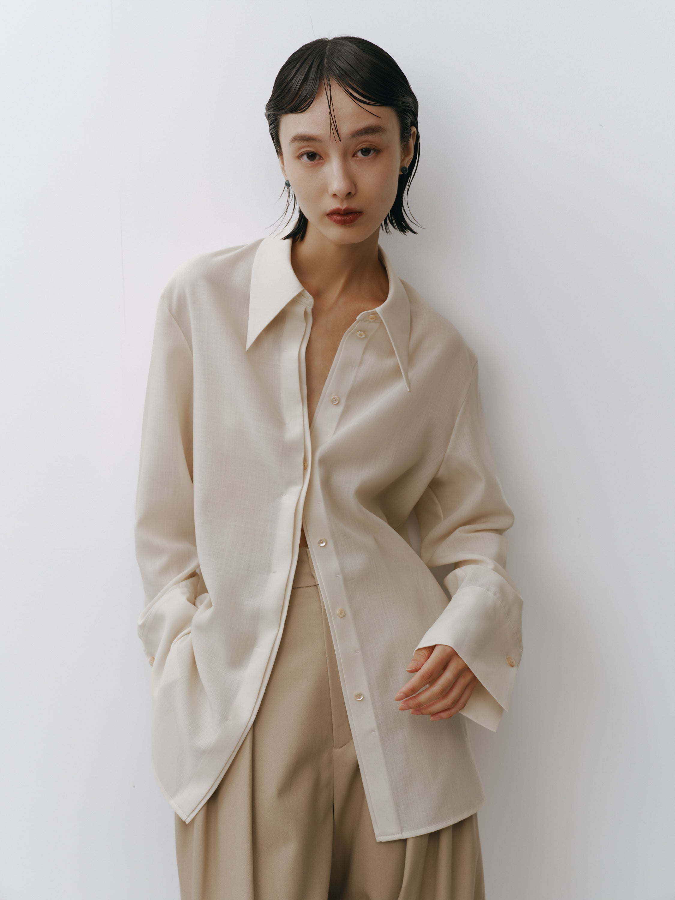Triacetate Wool Sheer Voile Shirt(Grayish Ivory)