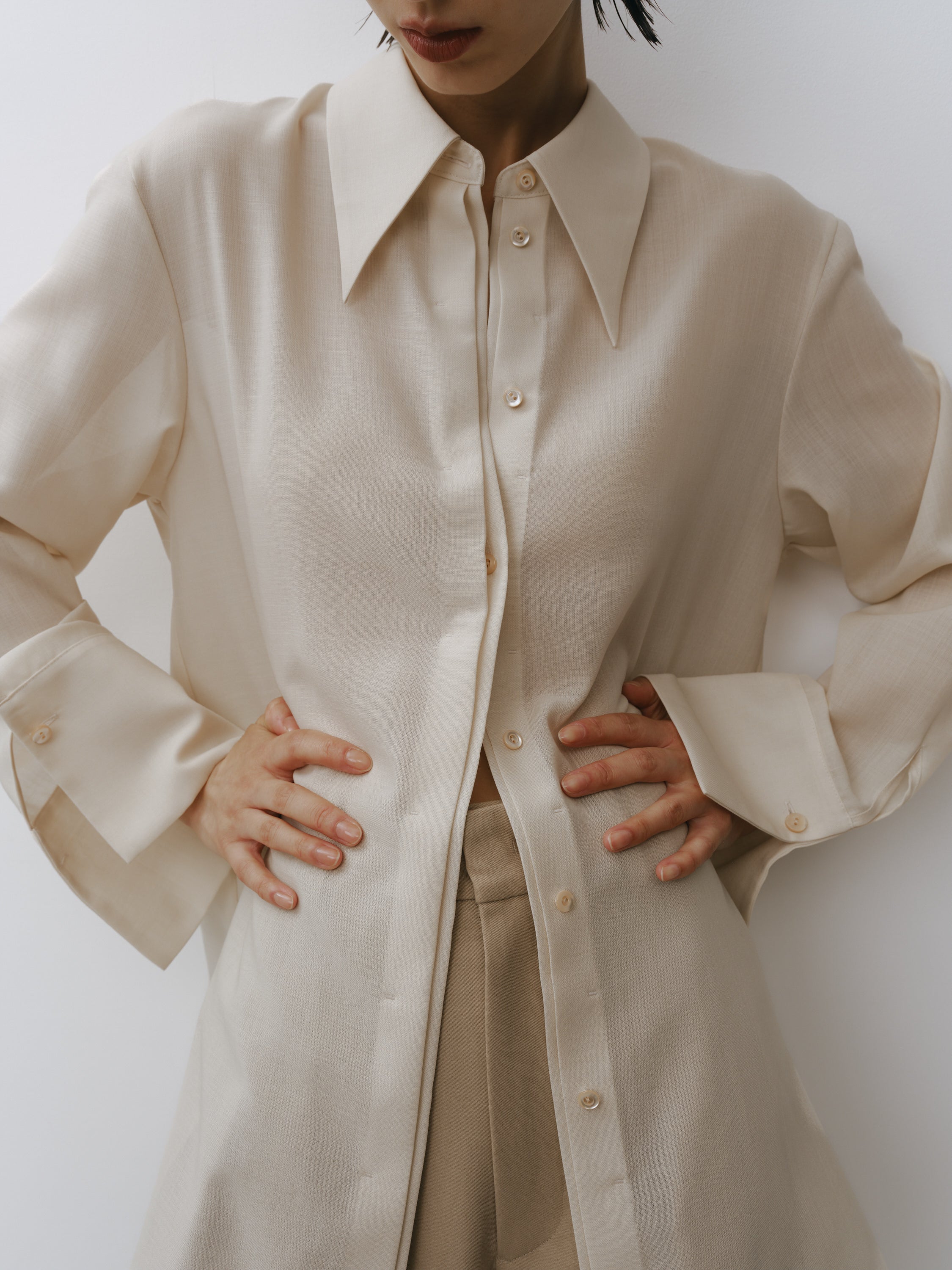 Triacetate Wool Sheer Voile Shirt(Grayish Ivory)