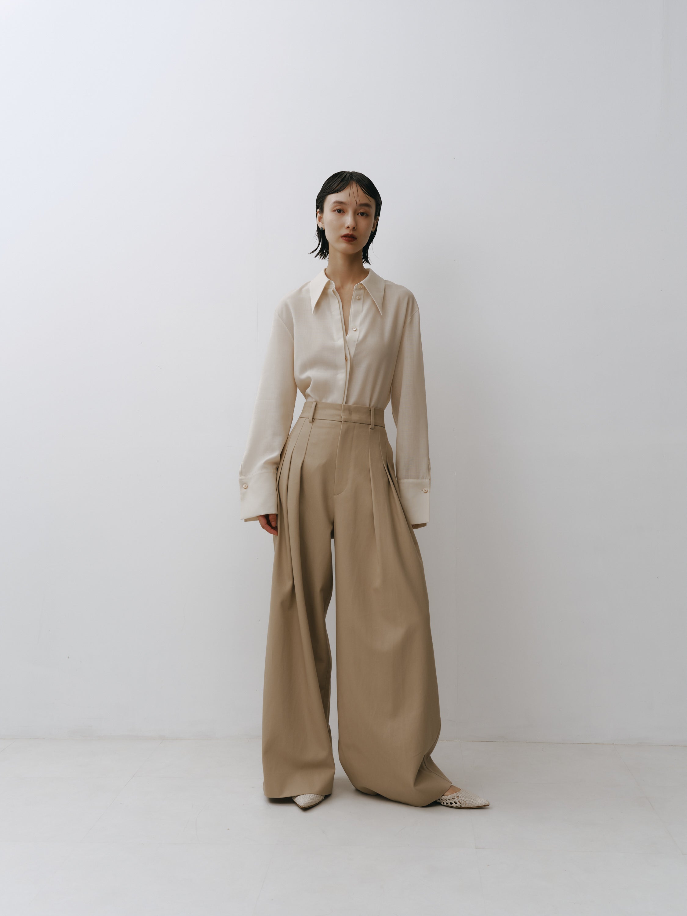 Cotton Three Tuck Wide Pants(Parchment Beige)