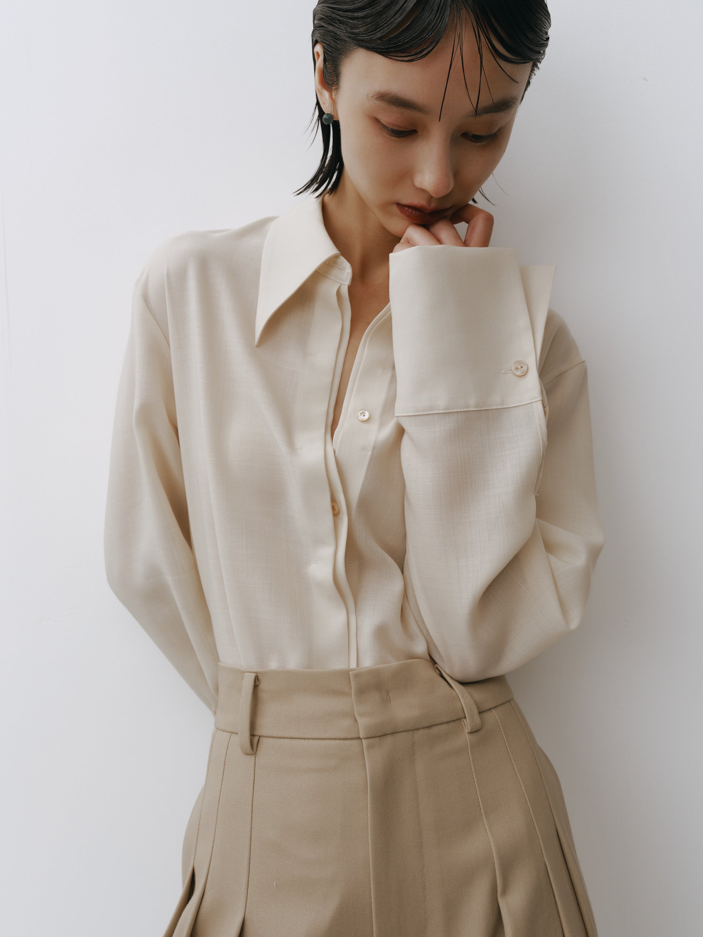 Cotton Three Tuck Wide Pants(Parchment Beige)