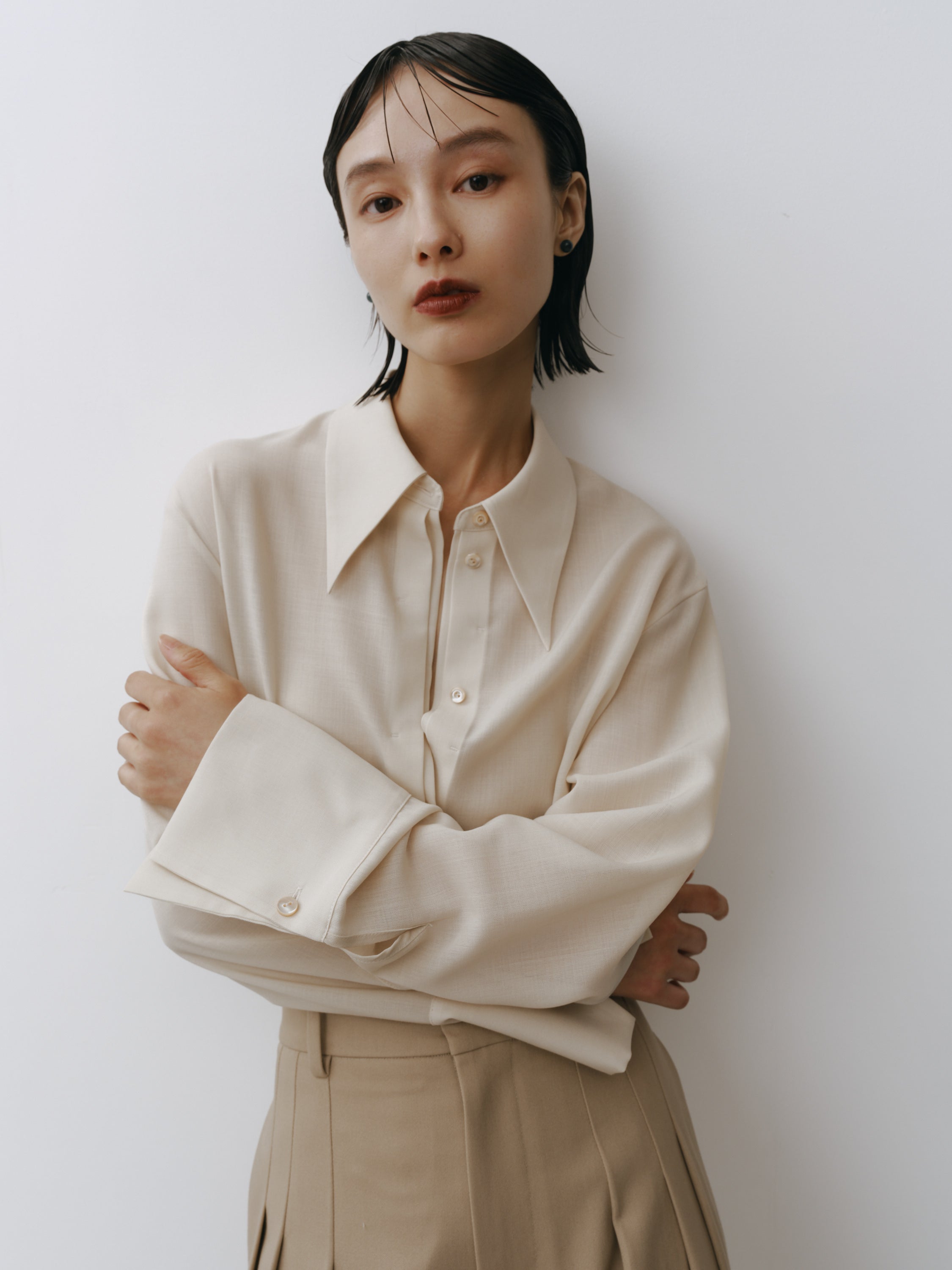 Triacetate Wool Sheer Voile Shirt(Grayish Ivory)