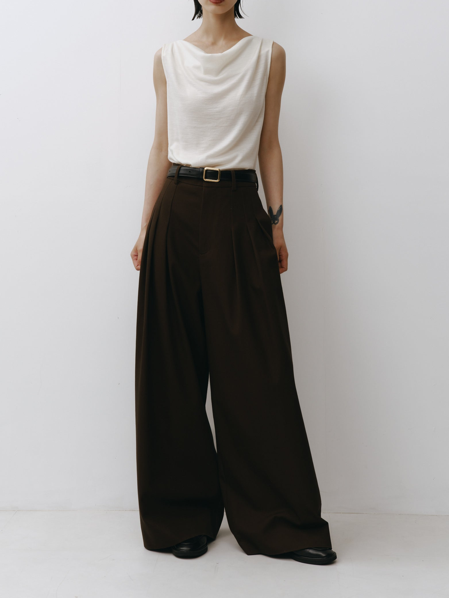 Cotton Three Tuck Wide Pants(Ink Brown)