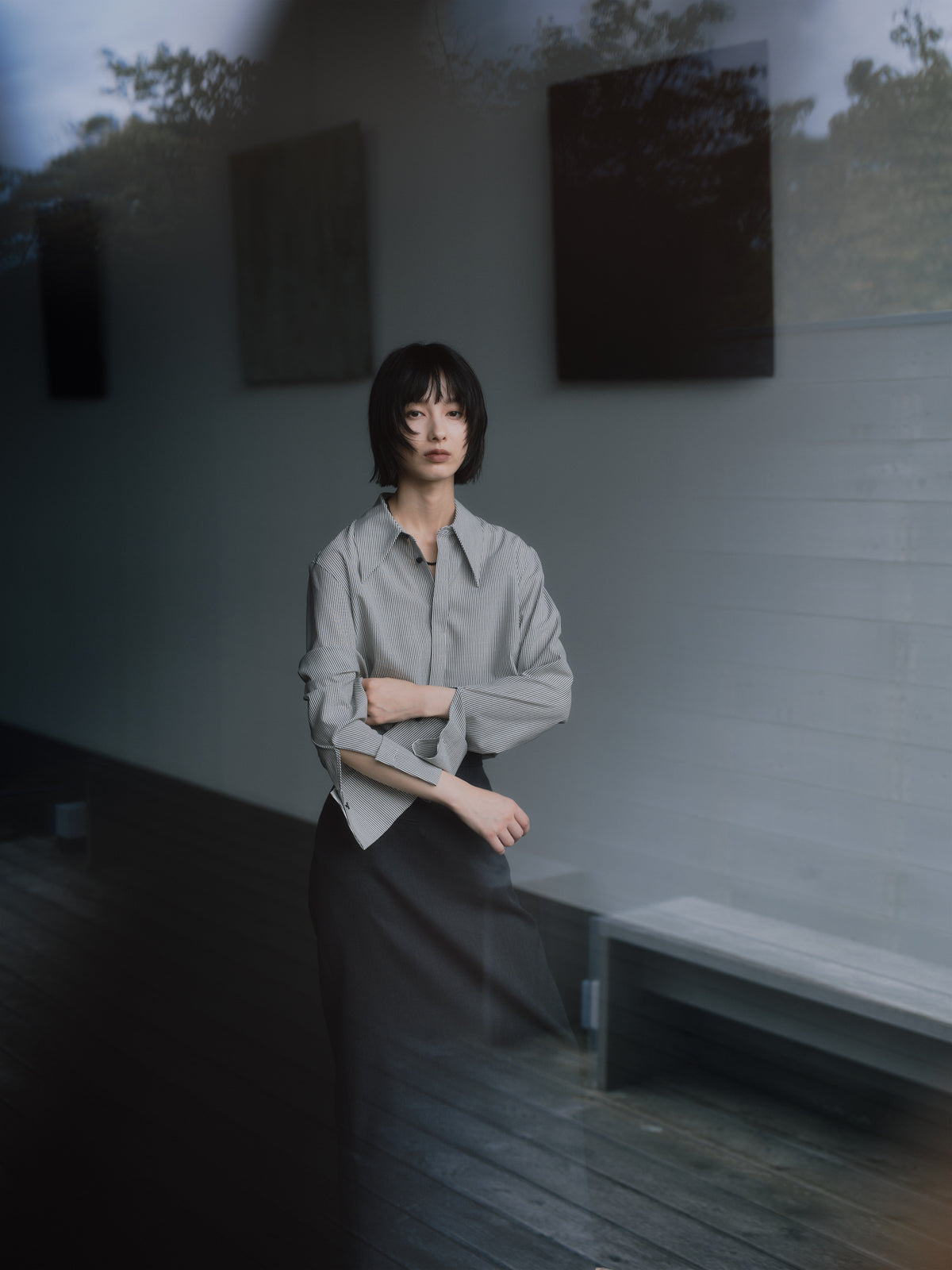 Silky Wool Dress Shirt［Black Stripe］