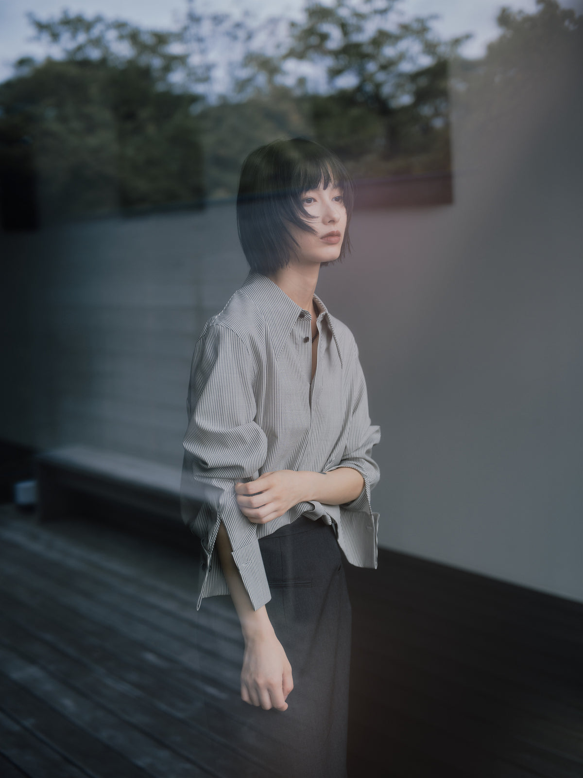 Silky Wool Dress Shirt［Black Stripe］