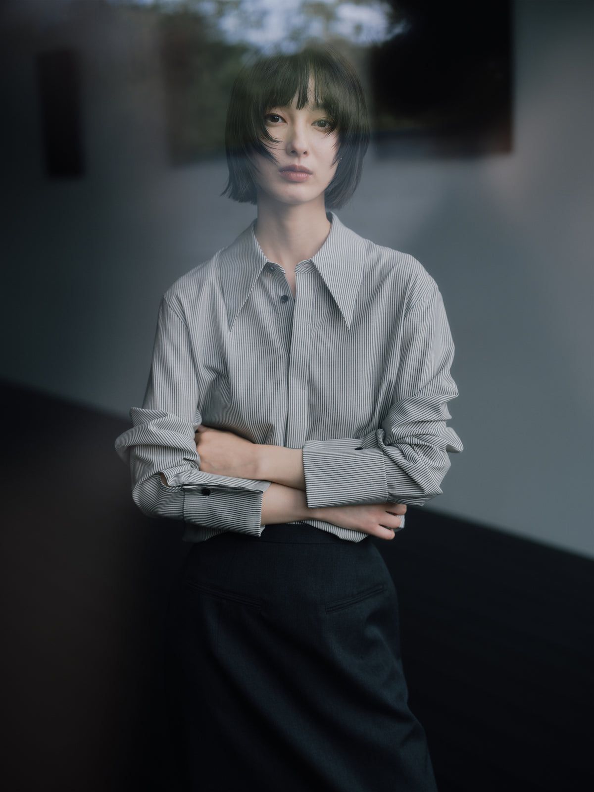Silky Wool Dress Shirt［Black Stripe］