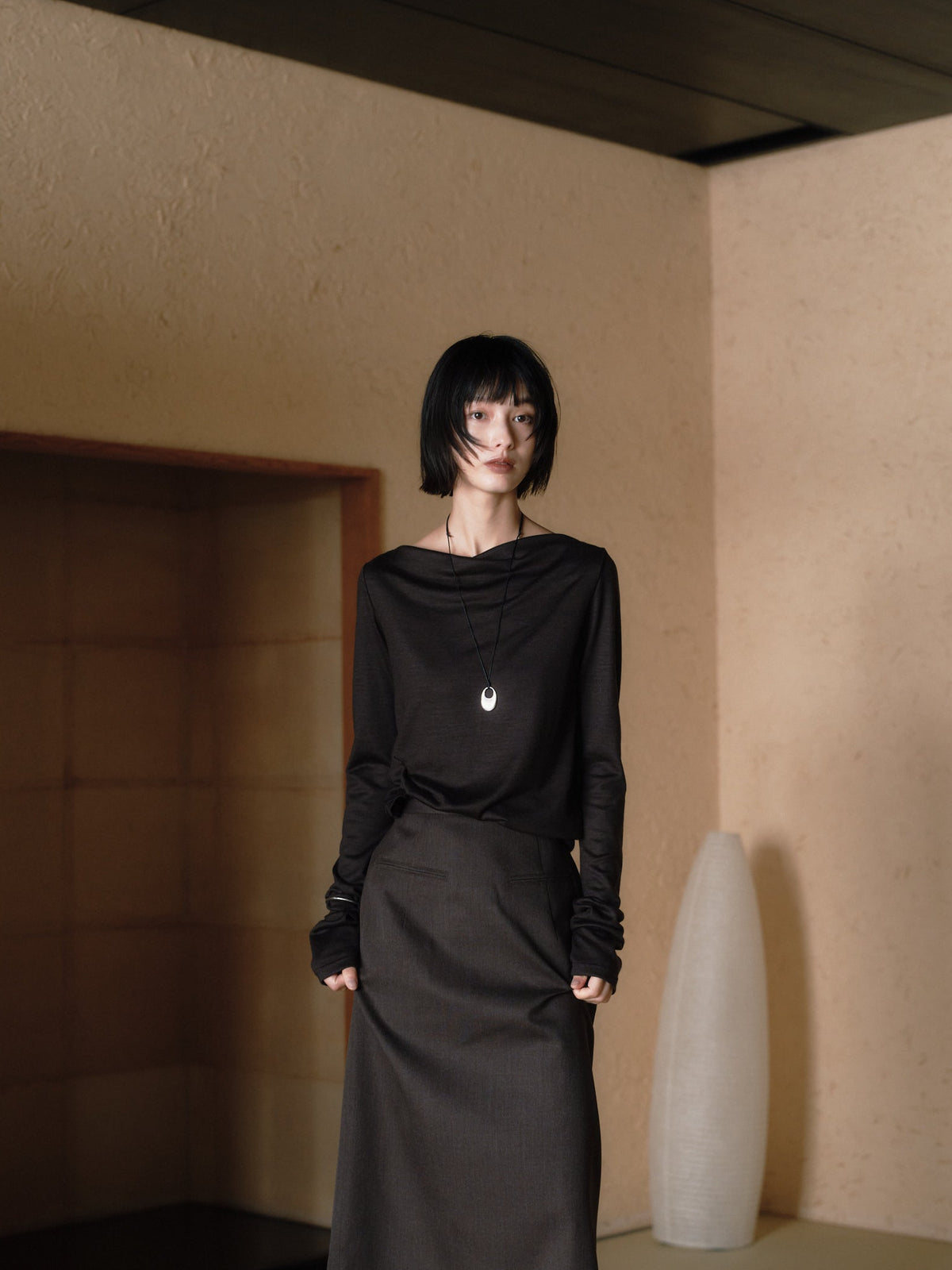 Wool Drape Long-Cuff Top／soft-drape［Top Brown］