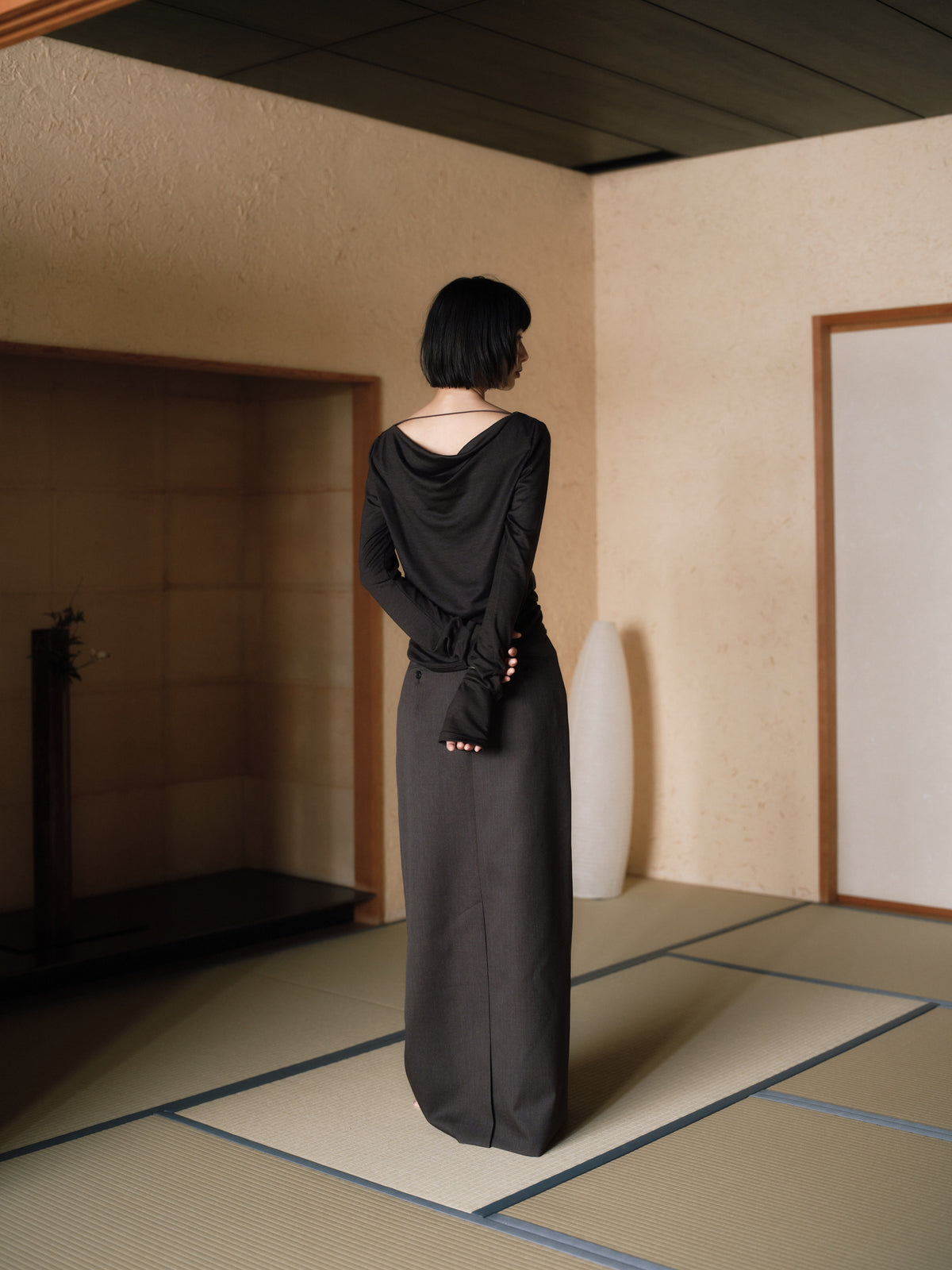 Wool Drape Long-Cuff Top／soft-drape［Top Brown］